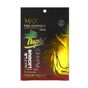 A cannabis edible product package containing 10 apple-flavored gummies, with a clear label showing the product name, 20mg per serving, and fast-acting details.