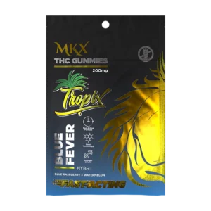 A cannabis edible product package containing 10 blue raspberry-flavored gummies, with a clear label showing the product name, 20mg per serving, and fast-acting details.