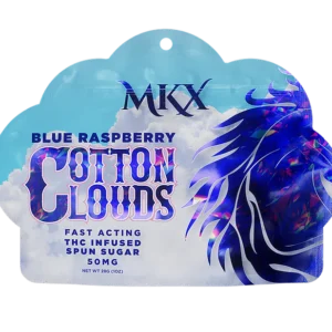 A bag of fluffy blue raspberry flavored THC spun sugar, with a clear label showing the product name and dosage.
