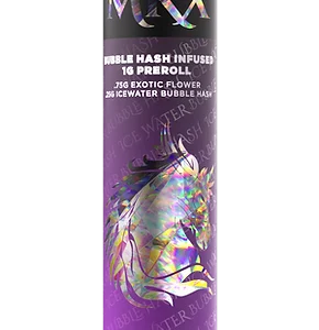 A cannabis product package containing five pre-rolled joints labeled as "Bubble Hash Infused Indica" flower, with clear product details on the packaging.