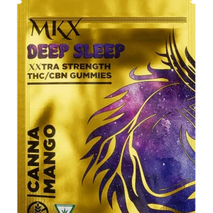 A package of Canna Mango THC & CBN gummies, with bright orange candies and a clear label indicating the 10mg dose and dual cannabinoid content.