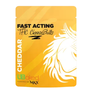 A bowl filled with orange, crunchy THC-infused cheeseballs, with a clean and clear product label.