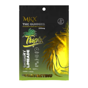 A cannabis edible product package containing 10 cherry limeade-flavored gummies, with a clear label showing the product name, 20mg per serving, and fast-acting details.