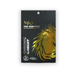 A container of Chronic Cherry cannabis edibles, featuring deep red gummy candies and a clear label indicating the 10mg hybrid dose.