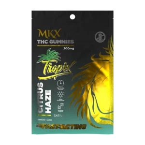 A cannabis edible product package containing 10 citrus-flavored gummies, with a clear label showing the product name, 20mg per serving, and fast-acting details.