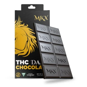 A dark chocolate bar with segmented pieces, with a simple and clean label showing the product name and dosage.