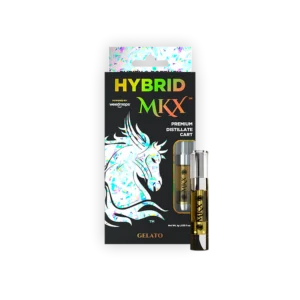 A clear glass cartridge or container of golden-colored Gelato Premium Vape Oil, with a label showing the product name and its THC and terpene content.