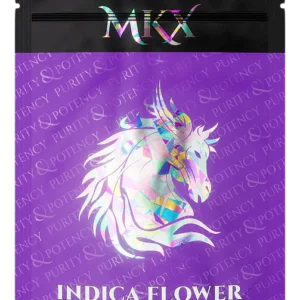 A cannabis product package containing five pre-rolled joints labeled as "Indica Flower," with clear product details on the packaging.