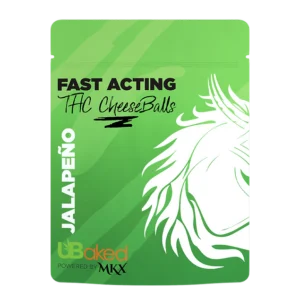 A bowl filled with orange, crunchy THC-infused cheeseballs, with a clean and clear product label.