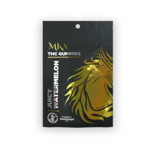 A container of Juicy Watermelon cannabis edibles, featuring bright pink gummy candies and a clear label indicating the 10mg hybrid dose.