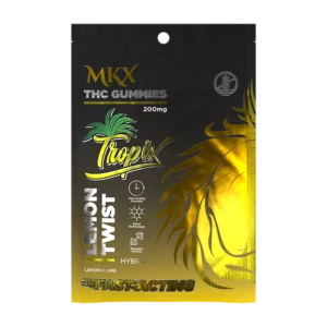 A cannabis edible product package containing 10 lemon-flavored gummies, with a clear label showing the product name, 20mg per serving, and fast-acting details.