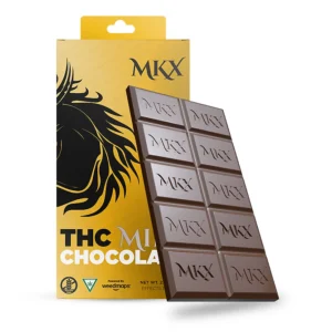 A milk chocolate bar with segmented pieces, with a simple and clean label showing the product name and dosage.