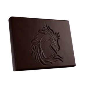 An orange and white THC chocolate bar with segmented pieces, featuring a simple label showing the product name and dosage from the MKX edibles brand.