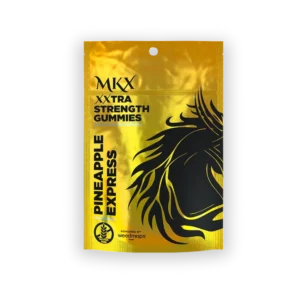 A package of Pineapple Express THC & CBN gummies, with yellow candies and a clear label indicating the 10mg dose and dual cannabinoid content.