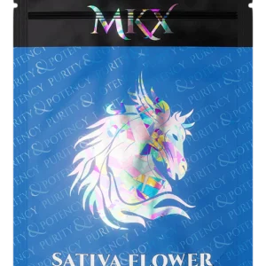 A cannabis product package containing five pre-rolled joints labeled as "Sativa Flower," with clear product details on the packaging.