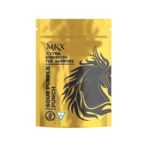 A container of Sour Purple Punch cannabis edibles, featuring vibrant purple gummy candies and a clear label indicating the 10mg hybrid dose.