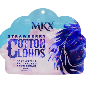 A bag of fluffy strawberry flavored THC spun sugar, with a clear label showing the product name and dosage.