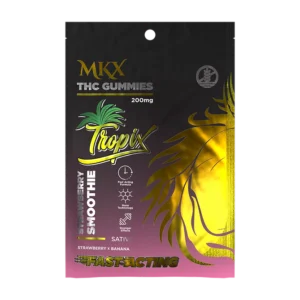 A cannabis edible product package containing 10 strawberry smoothie-flavored gummies, with a clear label showing the product name, 20mg per serving, and fast-acting details.