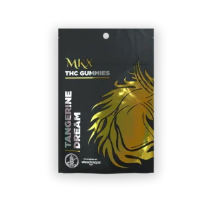 A container of Tangerine Dream cannabis edibles, featuring bright orange gummy candies and a clear label indicating the 10mg hybrid dose.