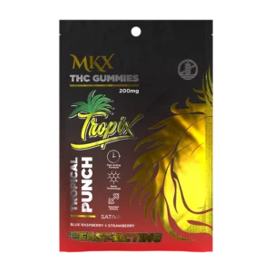 A cannabis edible product package containing 10 tropical punch-flavored gummies, with a clear label showing the product name, 20mg per serving, and fast-acting details.