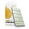 A white chocolate bar with segmented pieces, with a simple and clean label showing the product name and dosage.
