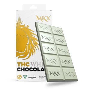 A white chocolate bar with segmented pieces, with a simple and clean label showing the product name and dosage.