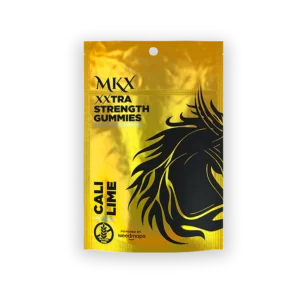 A container of Cali Lime cannabis edibles, featuring vibrant green gummy candies and a clear label indicating the 10mg hybrid dose.