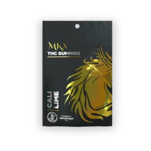 A container of Cali Lime cannabis edibles, featuring vibrant green gummy candies and a clear label indicating the 10mg hybrid dose.