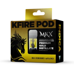 A cannabis vape cartridge containing golden-colored Blueberry Afgoo oil, with a label clearly showing the product name, 1000mg strength, and strain type.