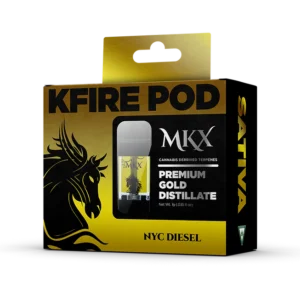 A cannabis vape cartridge containing golden-colored NYC Diesel oil, with a label clearly showing the product name, 1000mg strength, and strain type.