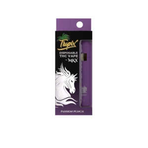 A slim, sleek, and discreet disposable vape pen, with a label showing the product name "Passion Punch" and "1G THC" to denote its size and content.