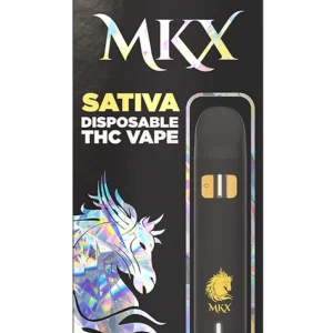 A slim, sleek, and discreet disposable vape pen, with a label showing the product name "Sour Diesel" and "1G THC" to denote its size and content.